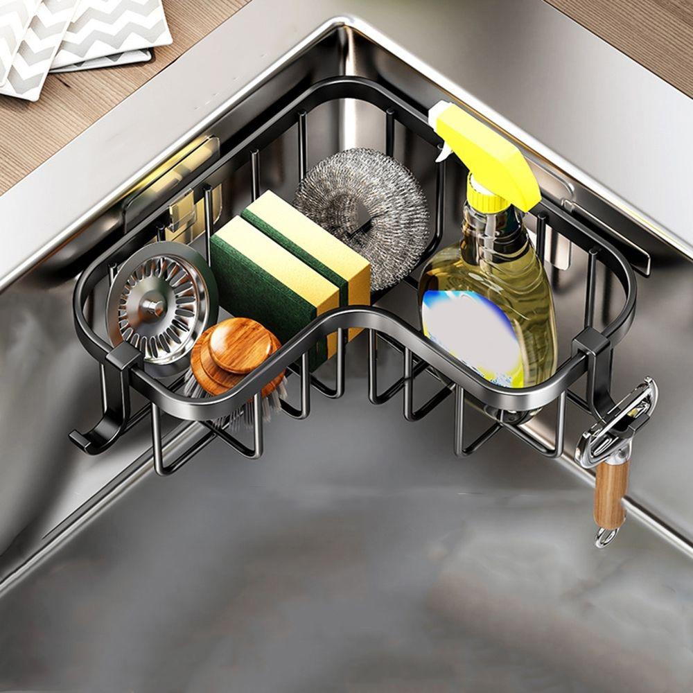 

No-Punching Sink Drain Rack Carbon Steel Sponge Storage Basket Triangular Drainage Rack Bathroom Black-Style A