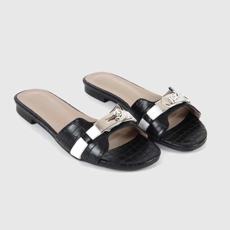 Small gold buckle crocodile pattern one-word slippers New French open-toed flat-bottomed sandals soft-bottomed beach half slippers