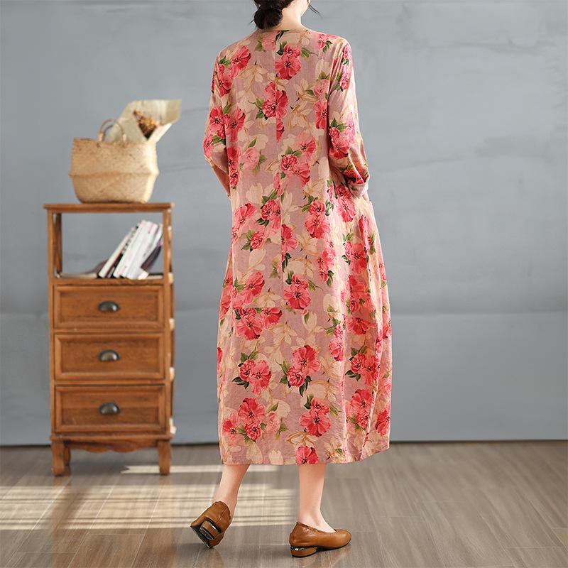 Early Spring Vintage Round Neck Long Sleeved Patchwork Artistic Loose Fit Plus Mid Length Dress
