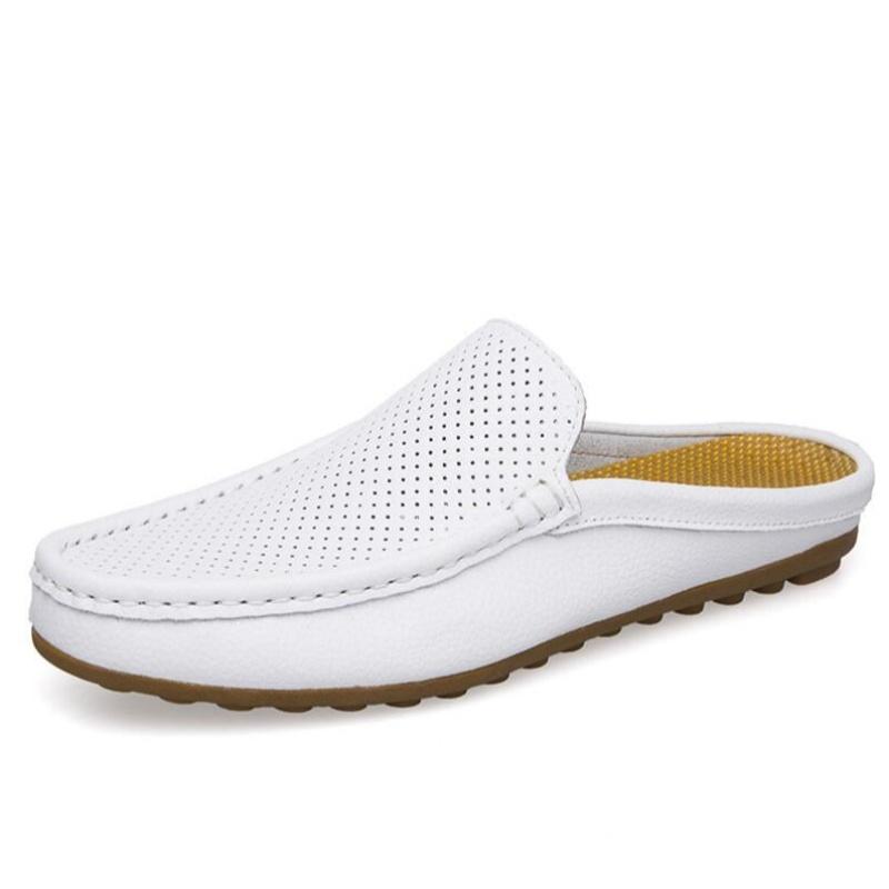 

Summer Slip On Half Shoes For Men Leather Slippers Casual Mules Breathable Comfy Loafers Moccasins white Black blue 46 белый