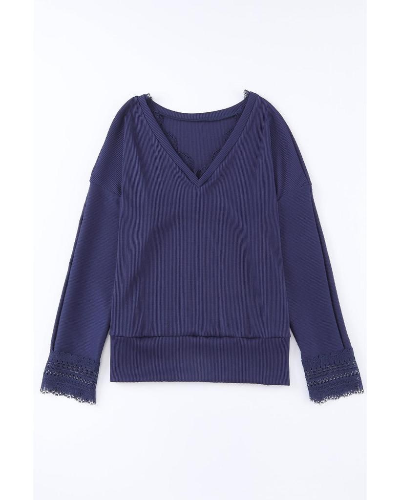 Azura Exchange Ribbed Texture V Neck Long Sleeve Top