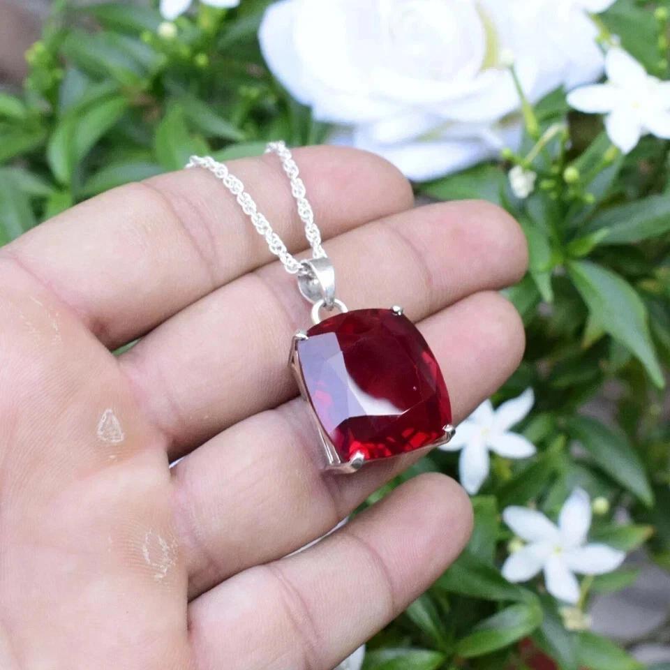 Red Ruby Natural   925 Sterling Silver 25 Ct Pendant Cushion Shape