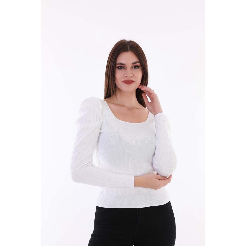 Women's Red Sleeve Pleated Gathered Princess Sleeve Square Collar Blouse Sweater