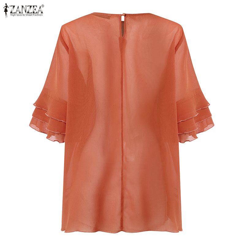 ZANZEA Women Casual Round Neck Solid Color See-Through 3/4 Sleeve Loose Cover Up Blouse