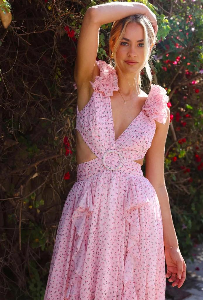 European & American Women's Floral Slimming V-Neck Ruffle Holiday Dress