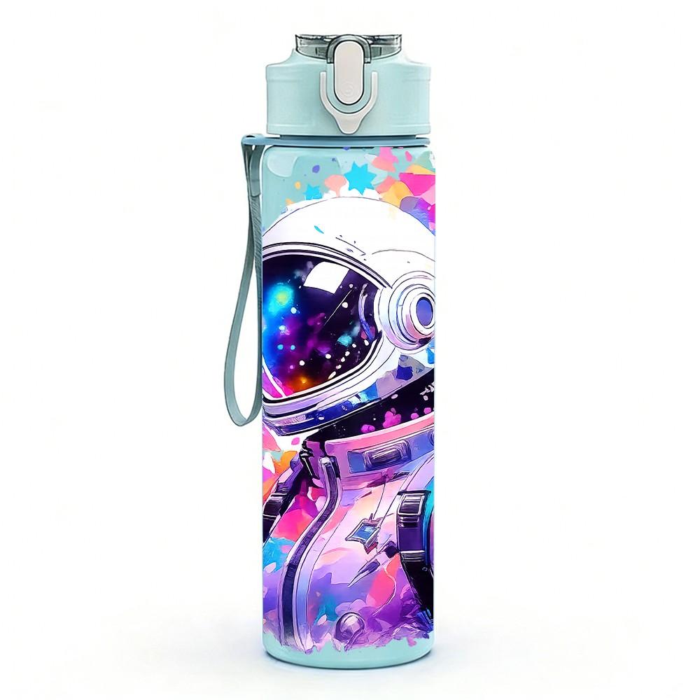 1PC Space Astronaut Galaxy Color Print 750ml Color Plastic Sports Water Bottle Leakproof Flip Straw Lid Suitable for Sports Office Home Use