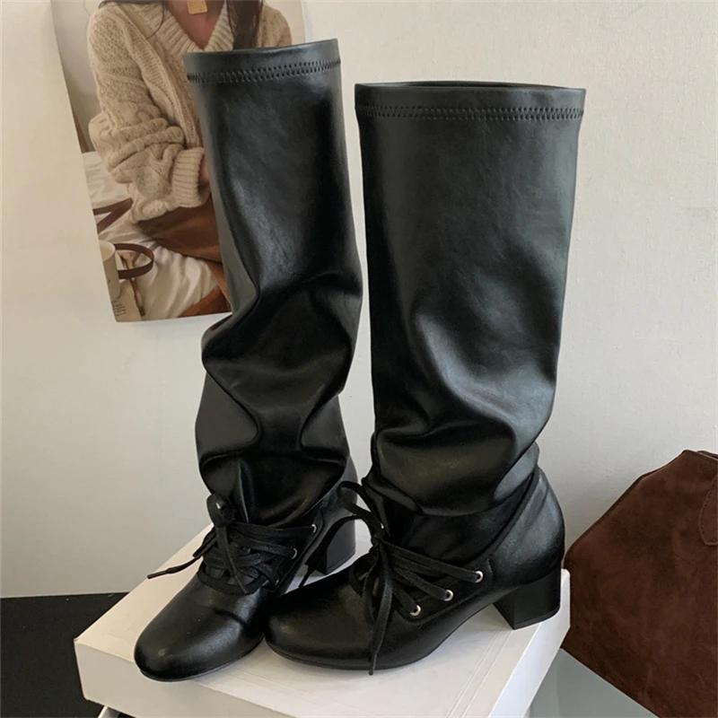 

Fashion Soft Leather PU Round Toe Lace Up Pleated Knee High Boots Woman Square Low Heels Long Booties Autumn Winter Shoes for Women 35 чёрный