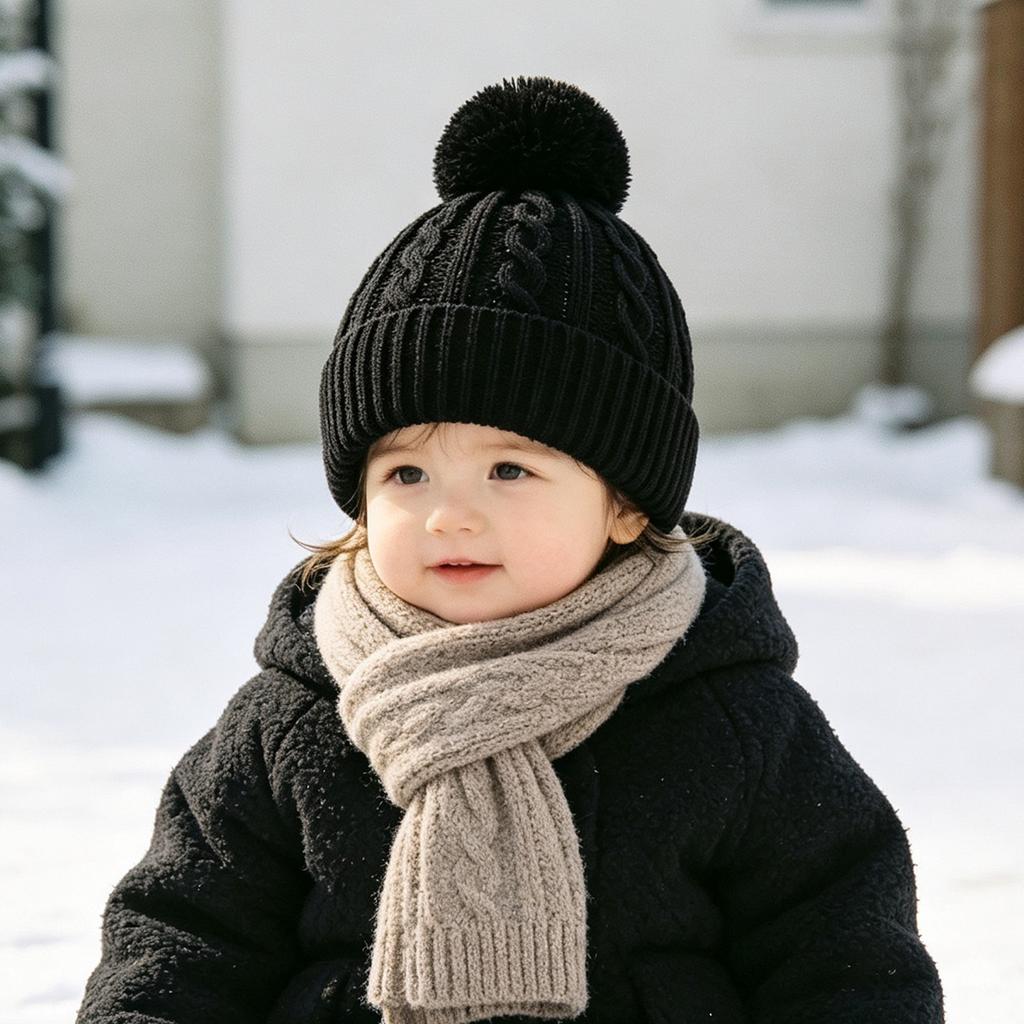 Xiaomi 1pc Baby Double Pom Pom Knit Ear Flap Hat, Cute Solid Color Toddler Beanie hats winter hat Daily Head Hat for Boys Girls