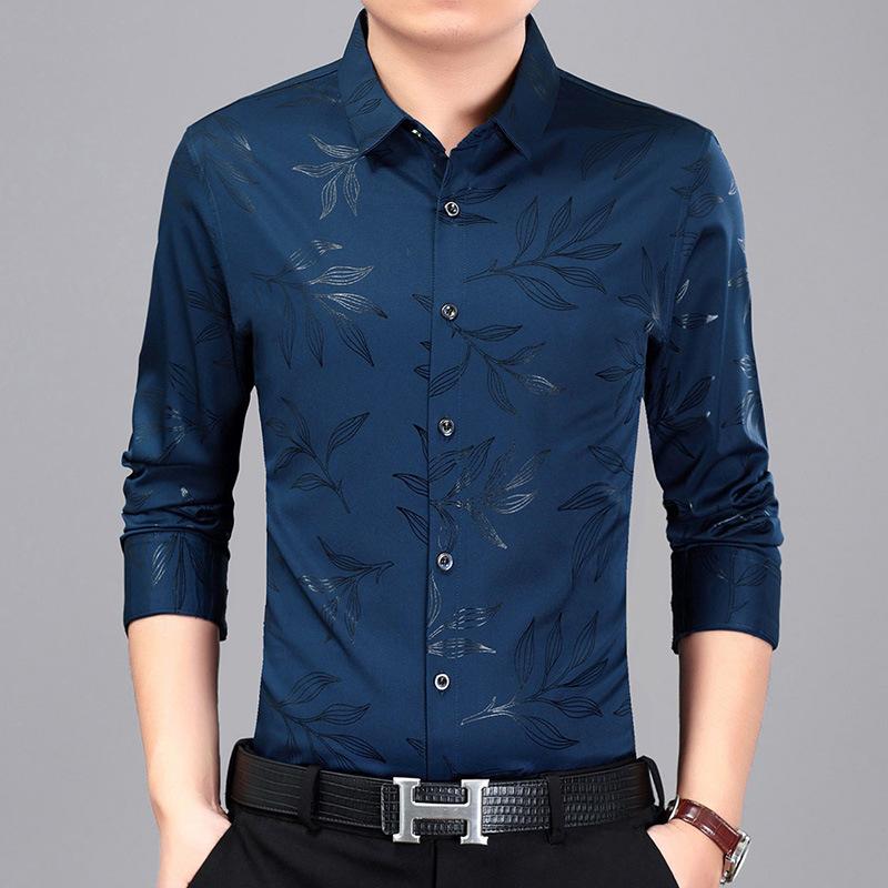 

Long Sleeve Men Shirt Leaves Print Business Casual Gentleman Shirts XXXL Темно-синій