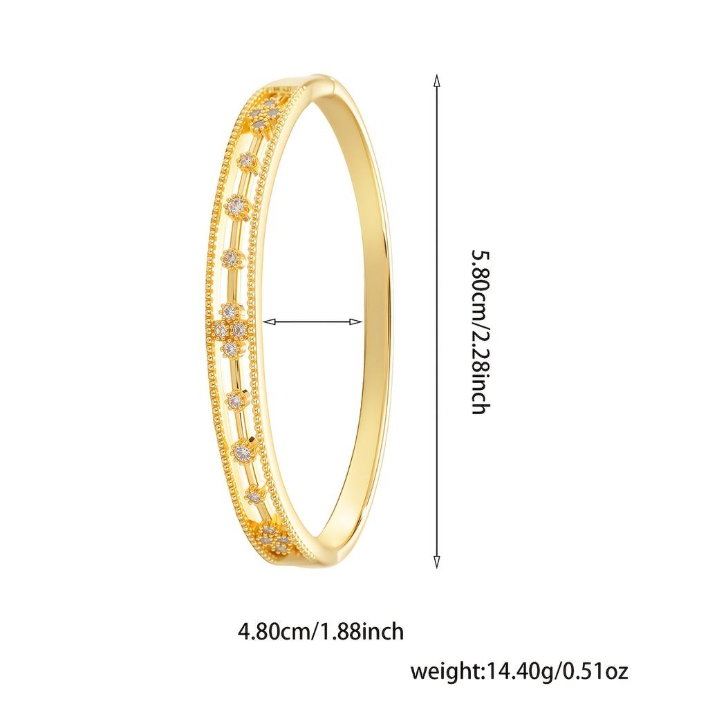 Luxurious hollow lace floral design inlaid with synthetic zirconium, copper open bangle with delicate beaded edges and carved patterns, a delicate