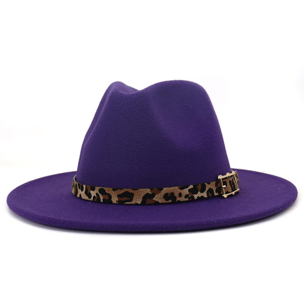 19 Color Women'S Wide Brim Felt Fedora Panama Hat With Leopard Belt Buckle Party Trilby Cowboy Hat Fashion Jazz Cap