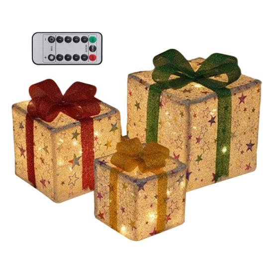 3 Stück Weihnachtsgeschenkboxen mit Beleuchtung und Schleife LED Leuchtende Geschenkboxen für Innen- und Außenbereich Zuhause Veranda Weihnachtsbaum Partydeko