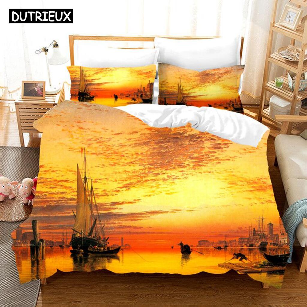 Fantasy Oil Painting Bedding Set House Bridge Scenery Duvet Cover Set Bedroom Bed Bedclothes Decor Luxury Gift Queen King Size