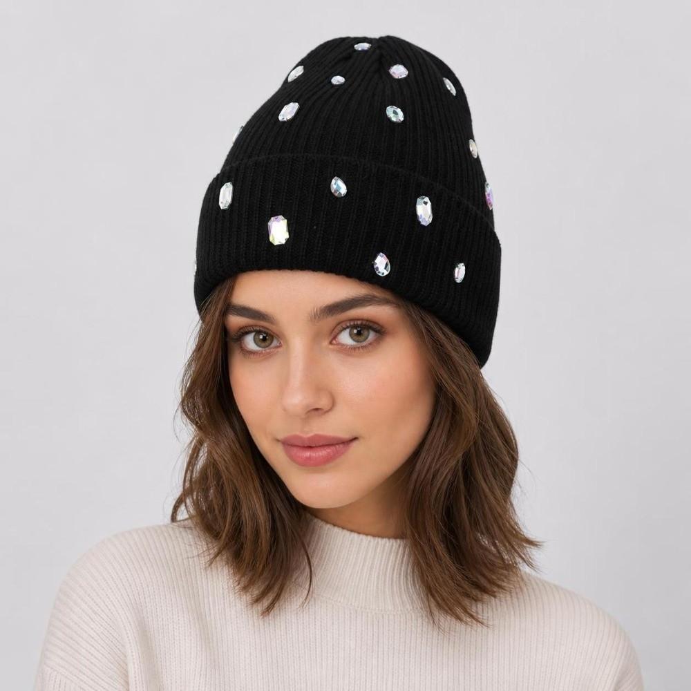 Solid Color Beanie Hat Rhinestone-embellished Skull Cap Fashionable Pullover Knit Cap Autumn
