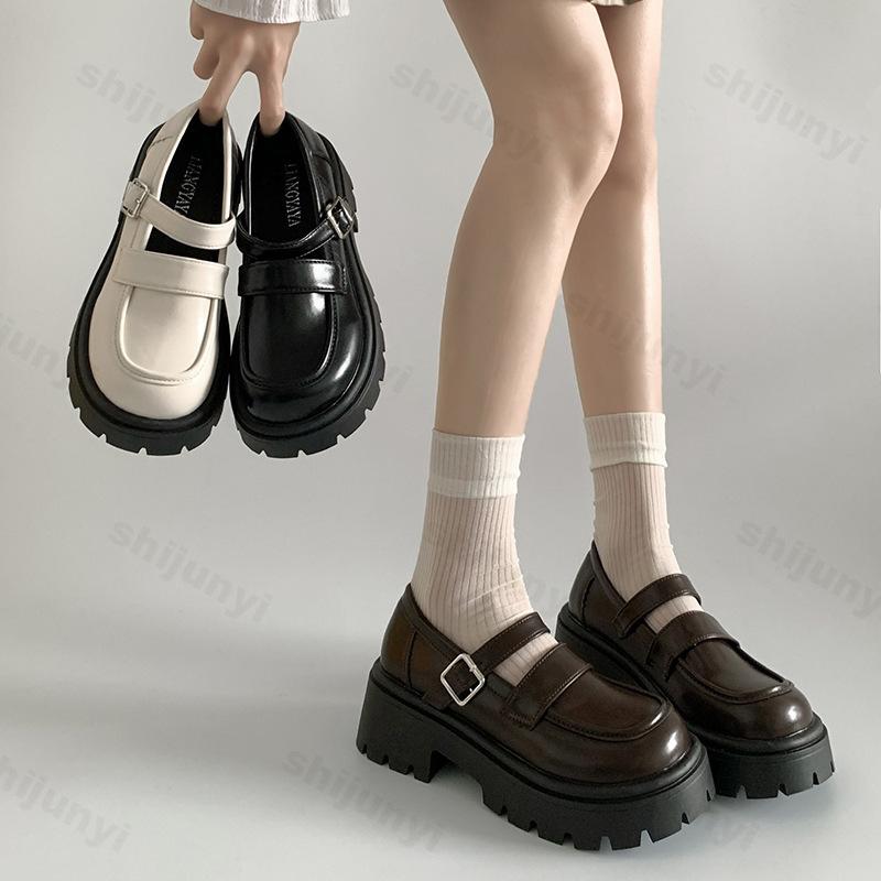 Woman Shoes Round Toe Mary Jane Chunky Loafers Platform High Heels Shoe Women Pumps PU Leather Buckle British Retro Dresses Shoe