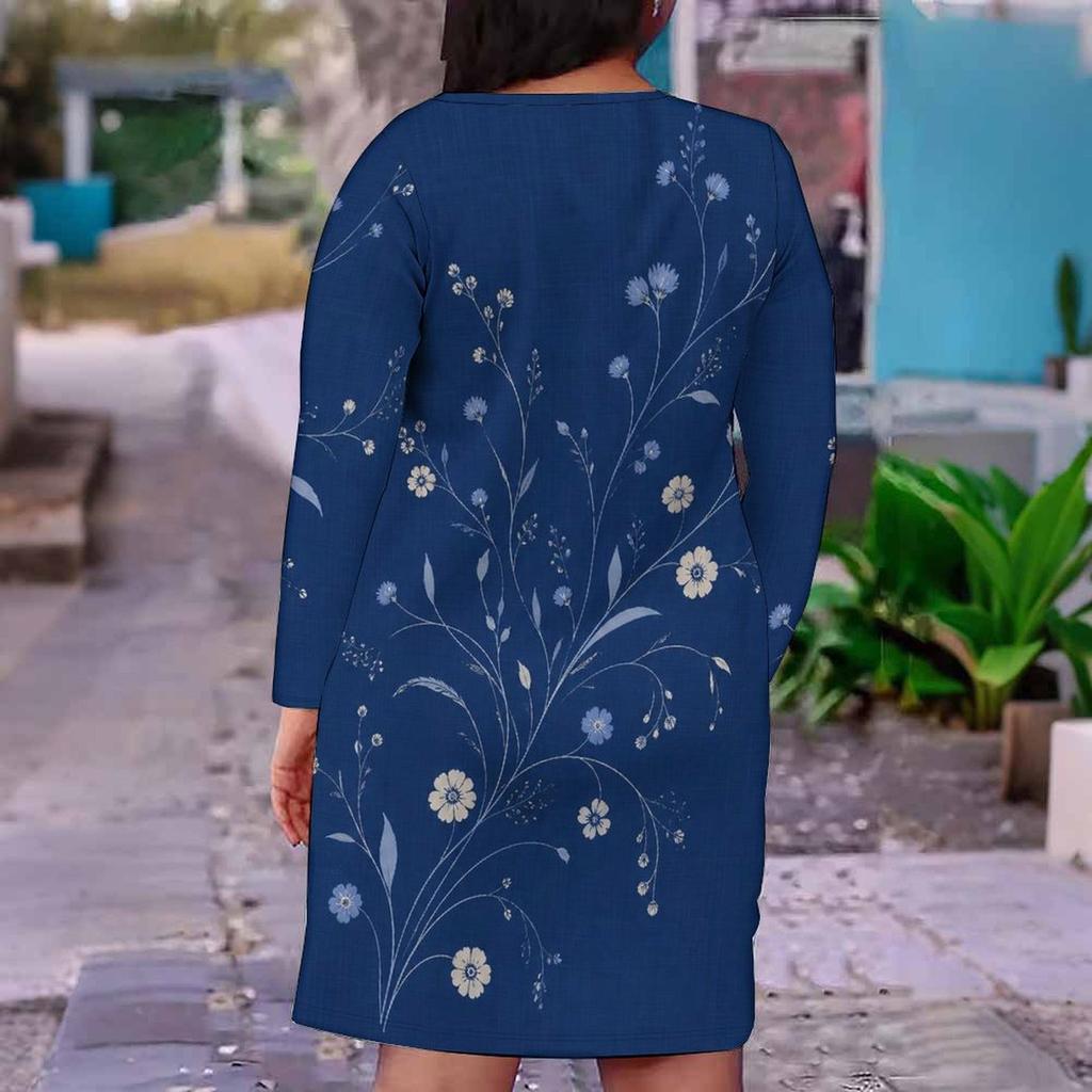 Women Plus Size V Neck Long Sleeve Floral Printed Navy Blue Fitted Dress