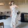 Butterfly Printing Temperament Suspender Dress Women's Summer New French Swing Collar Waist Thin Holiday Style Mid-length Dress