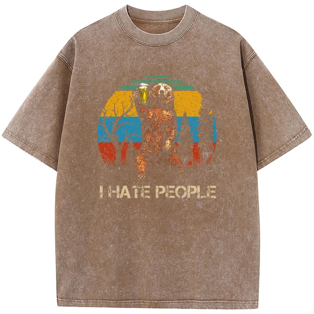 Beer and Bear Printed Men/Women Washed T-Shirt Cotton Funny Loose Bleached Tshirt Retro Bleach T shirt Tops