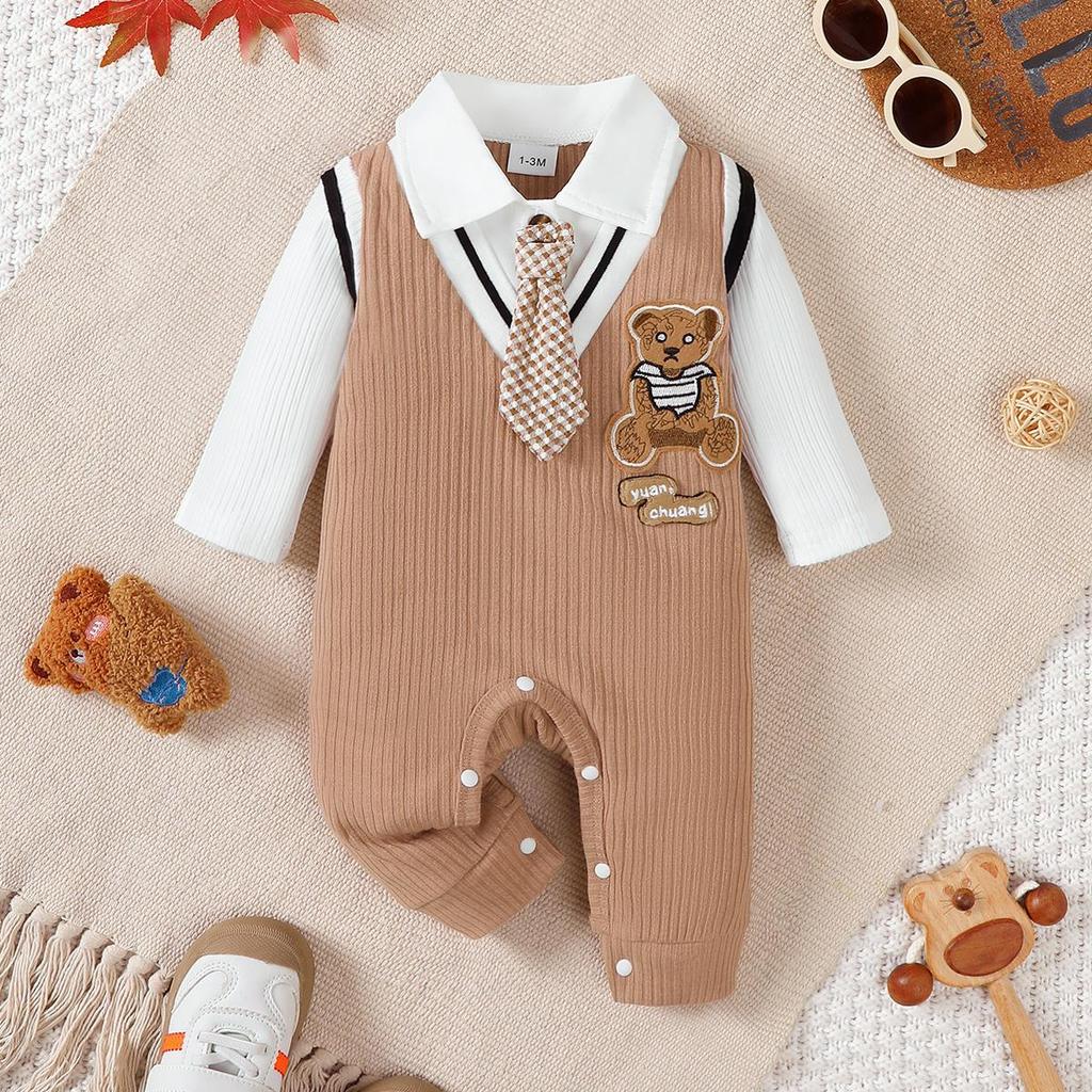Babyjongen Kleine Meneer Jumpsuit Cartoon Teddybeer Lange mouwen Jumpsuit voor 0-18 Maanden Babyjongens Verjaardagsfeest Kostuums