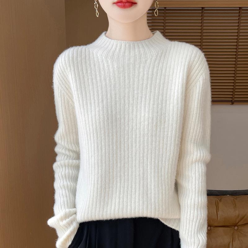 Women's Cashmere Striped Slimming Knit Sweater - Half-High Neck Autumn/Winter Base Layer