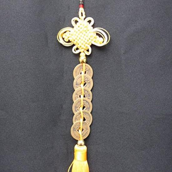 Feng Shui Six Emperors Coin Chinese Knot Tassel Yellow Wall Hanging Ornament for Money, Wealth, and Fortune