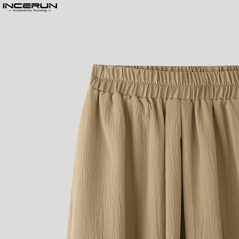 INCERUN Men Elastic Waist Pants Casual Loose Solid Color Texture Harem Trousers