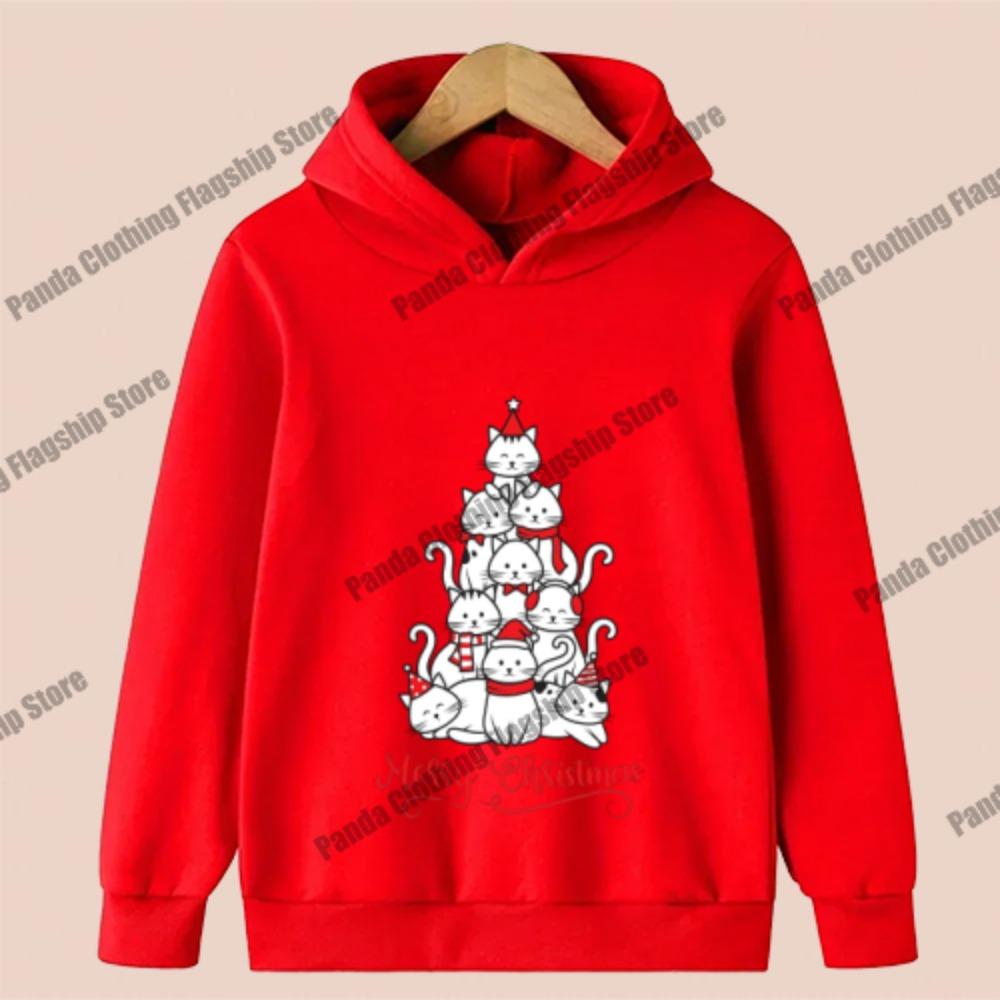 Christmas Children's Sports Hoodie with Christmas Cat Print, Simple Casual Sweatshirt for Boys and Girls, a Holiday Gift.