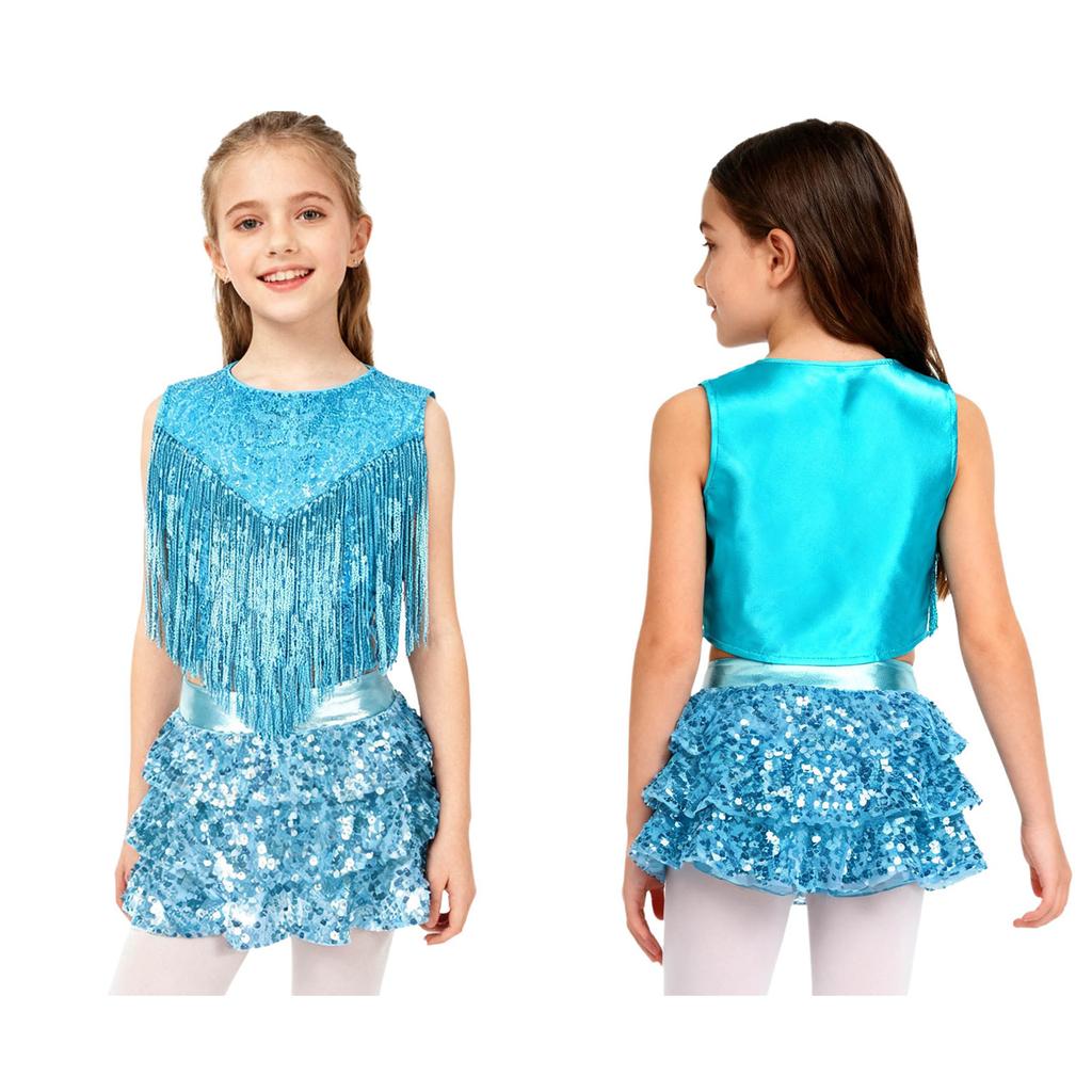 Girls 70s Disco Outfit Metallic Gloss Top Sequins Design Tassels Detail Ruffle Skirt Shorts Two Piece Set