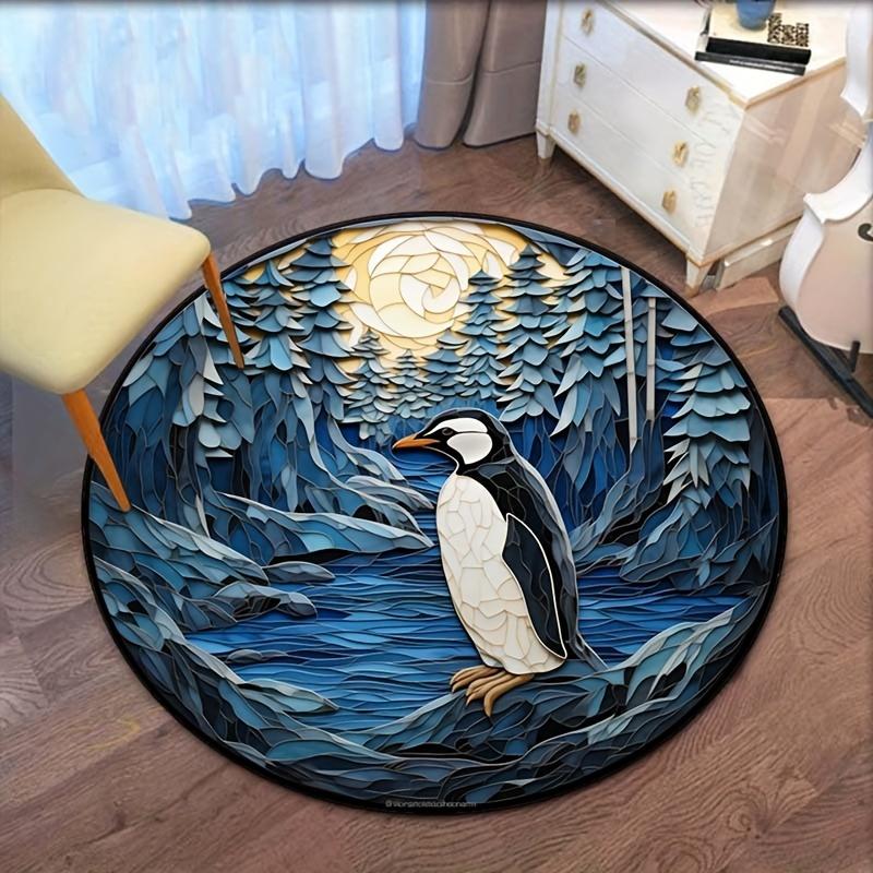 Penguin winter forest scene round rug crystal velvet floor mat blue nature art home decor anti slip carpet bedroom living room 60cm x 60cm