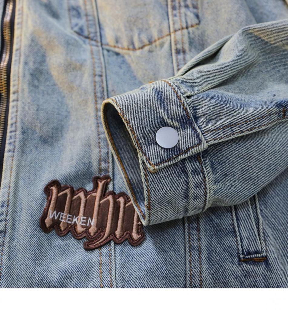 American High Street Vintage Denim Jacket - Unisex, Washed & Distressed, Autumn Trendy, Loose Fit, Casual Motorcycle Style