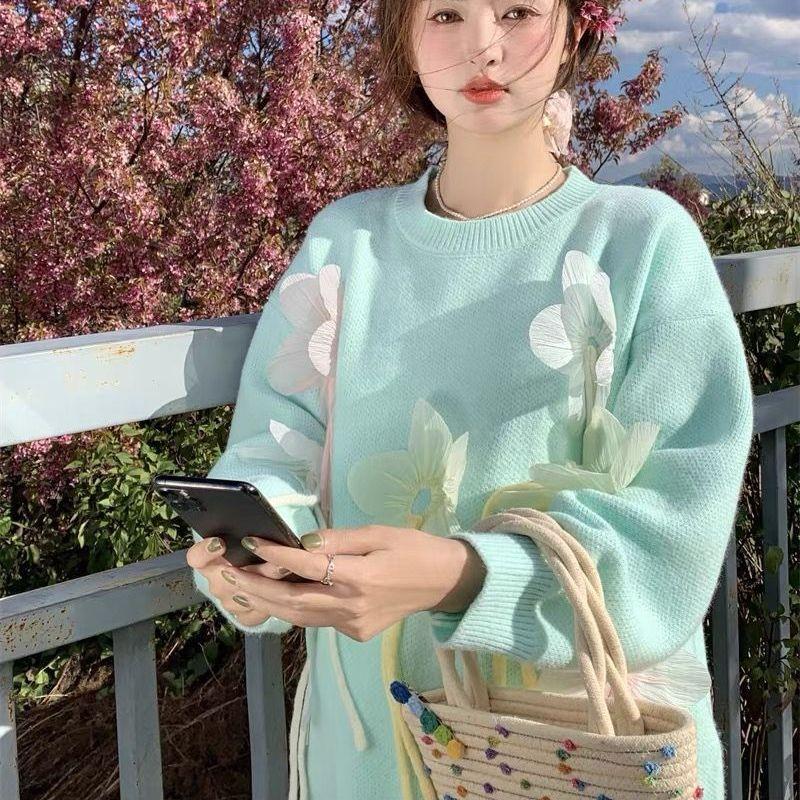 Women's Tied Flower Sweater Long Sleeved Round Neck Solid Color Pullover Top Casual Loose Korean Style Woman Trendy Top