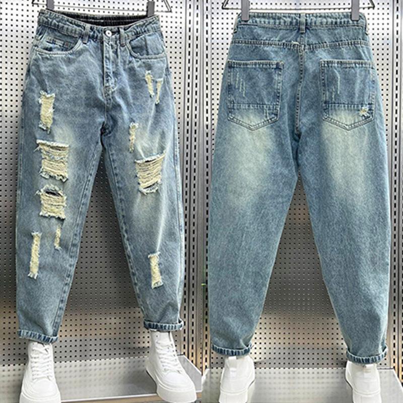 Джинсы мужские JYL Американская стирка Светлые Укороченные Винтажный дизайн Повседневные Свободные Широкие Штанины Деним 36
