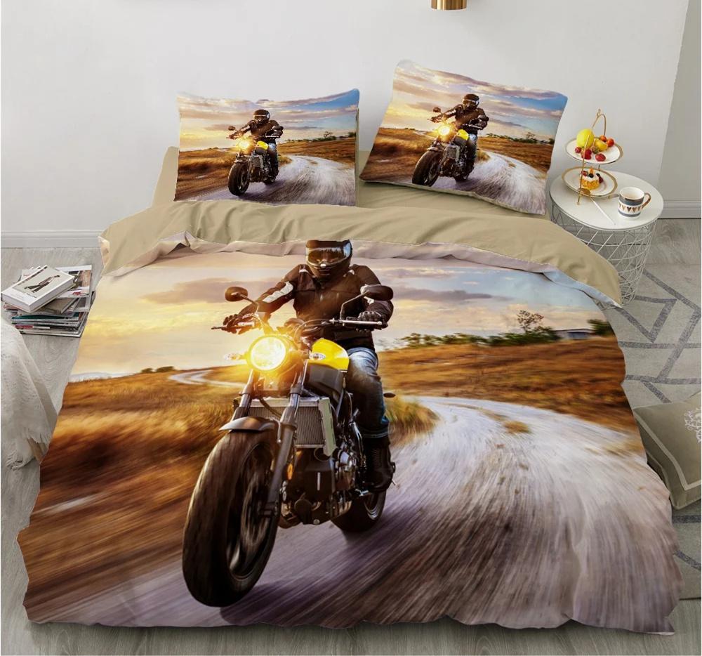 Motorrad Bettwäsche Set 3D Druck Autos Bettbezug mit Kissenbezug Motocross Tagesdecke Jungen Kinder Bettset King Size Heimtextilien