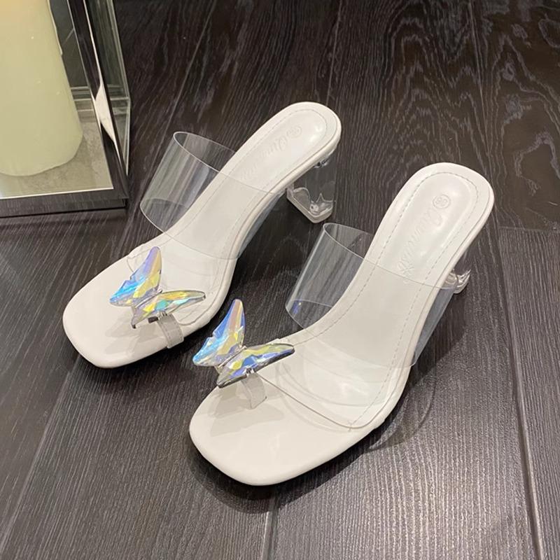 Transparente High Heels Damen Sommer 2025 neu Schleifenzehen Kristallabsatz eckige Spitze dicker Absatz Außenbekleidung coole Slipper