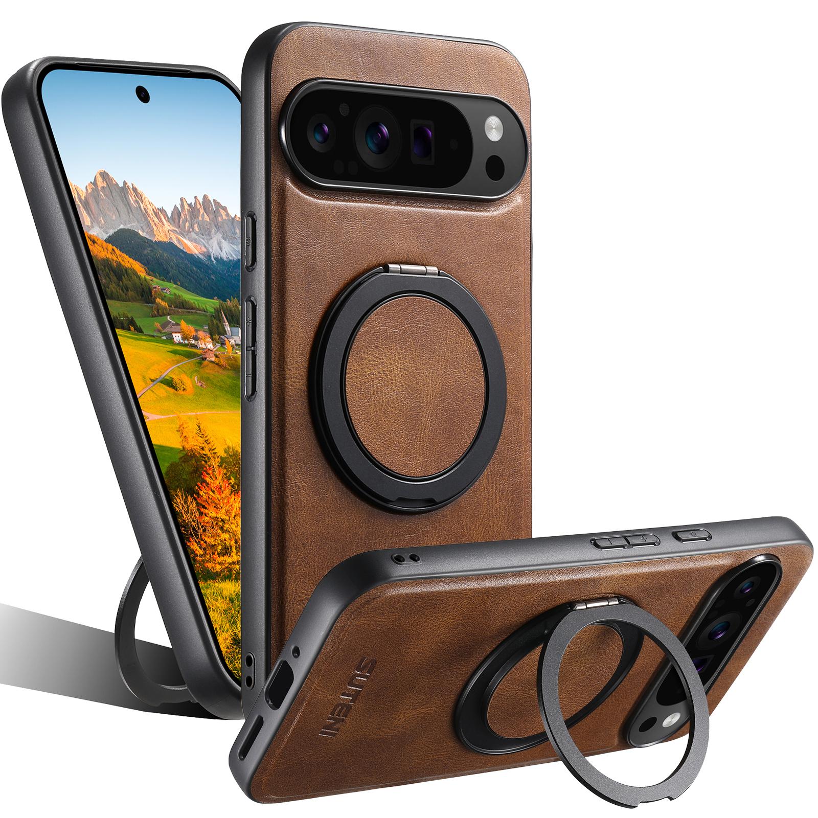 

SUTENI G3 For Google Pixel 10/10 Pro Case Compatible with MagSafe Waxy Texture Rotating Kickstand Leather Phone Back Cover Brown