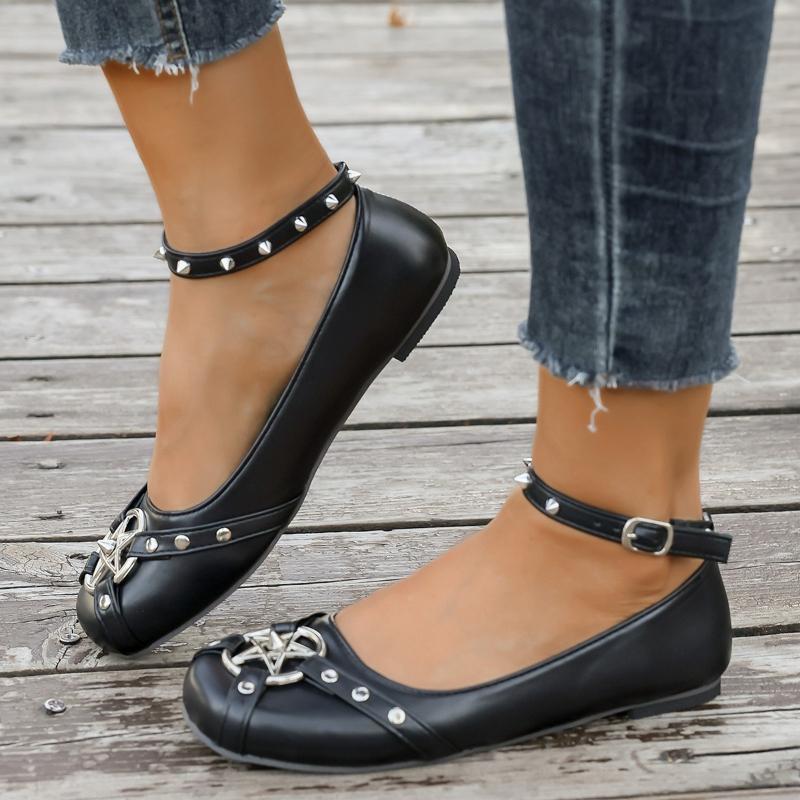 2026  Women's Mary Jane Shoes Ankle Buckle Strap Flats  Leather Rivet Belt Metal Star Gothic Lolita Shoes Soft-soled Thin Shoes