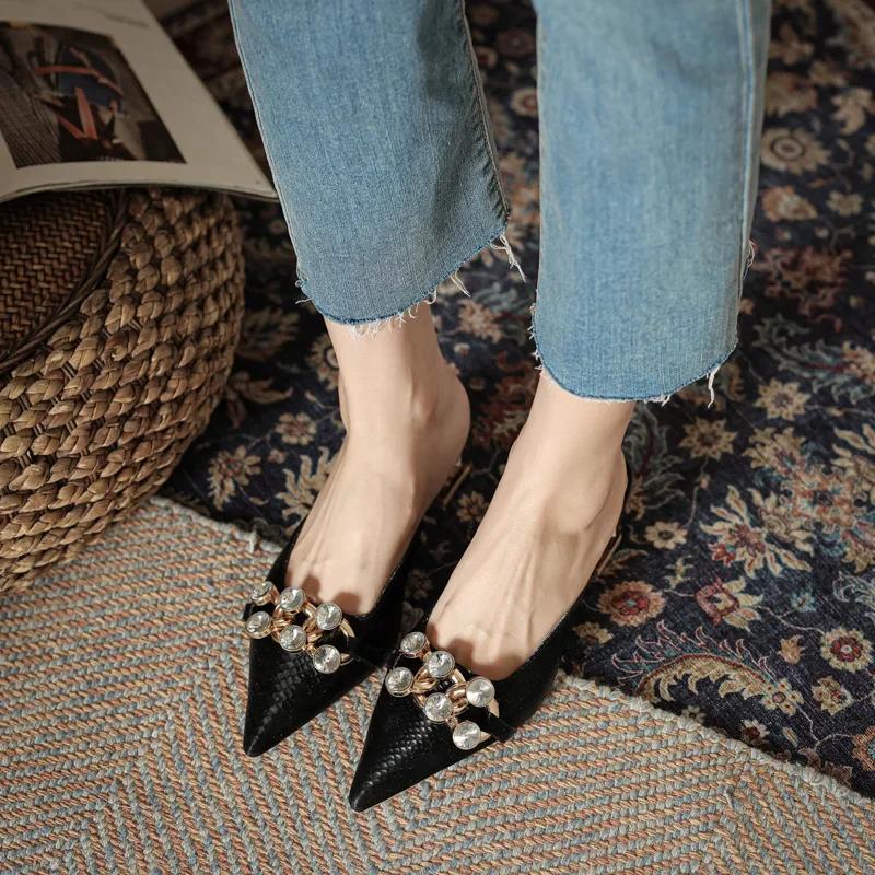 Women's Shoes On Sale 2024 Brand Autumn Women's Slippers Pointed Toe Metal Decoration Brilliant Diamond Chunky Heels Shoes Women