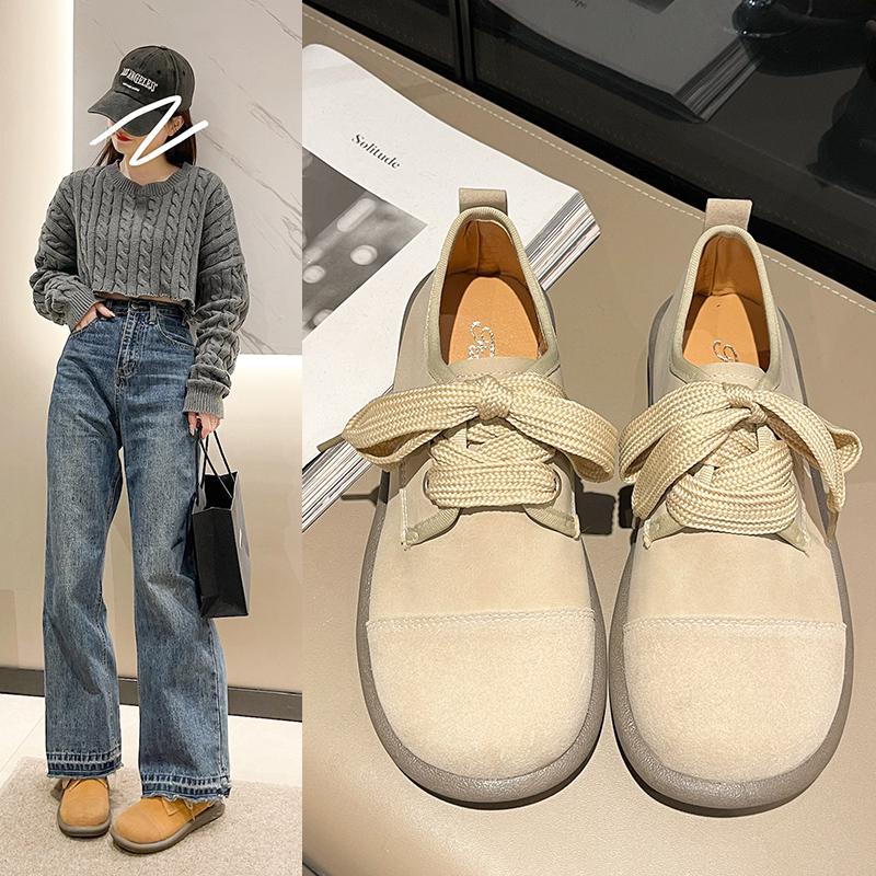 Fashion 2024 Lace up Vintage Bucken Shoes for Women New Thick Sole Pea Shoes Genuine Leather Cow Reverse Fur Sen Series Single Shoes