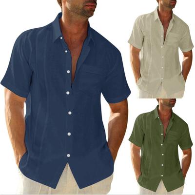Herrenhemden Sommer Reverstasche Einreihige Strickjacke Baumwolle Leinen Lässige Kurzarm Bluse im Ethno-Stil Streifen Bedruckt