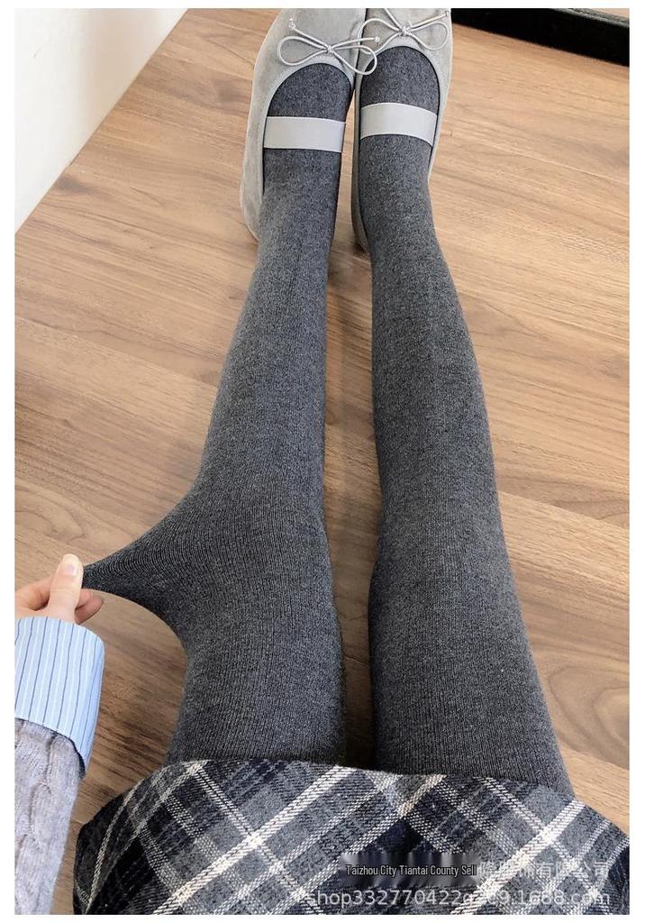 Damen Winter Graue Woll-Leggings: Dicke, warme, figurformende Strumpfhosen mit rechtwinkligen Socken