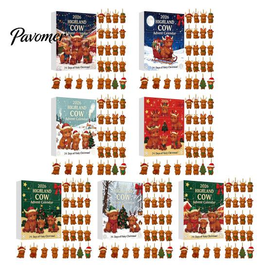Decorative Acrylic Charms Highland Cow Christmas Advent Calendar with 24 Ornaments, Festive Countdown Unique Decorations Box for Holiday Tree Hanging