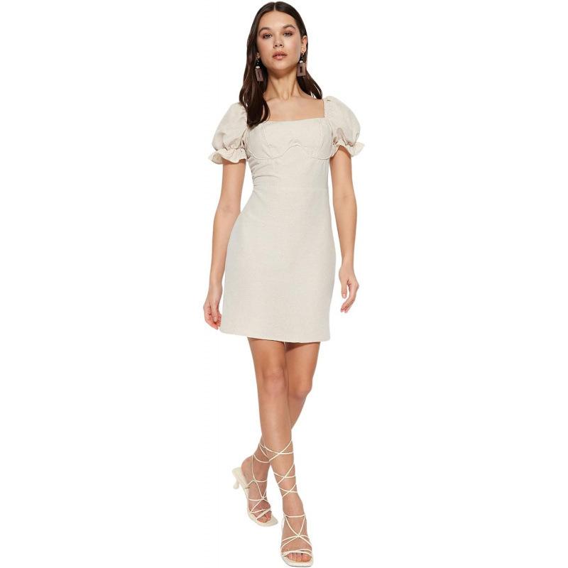 European and American bubble sleeves pure desire backless dress women s 2026 summer new square neck thin skirt S бежевый