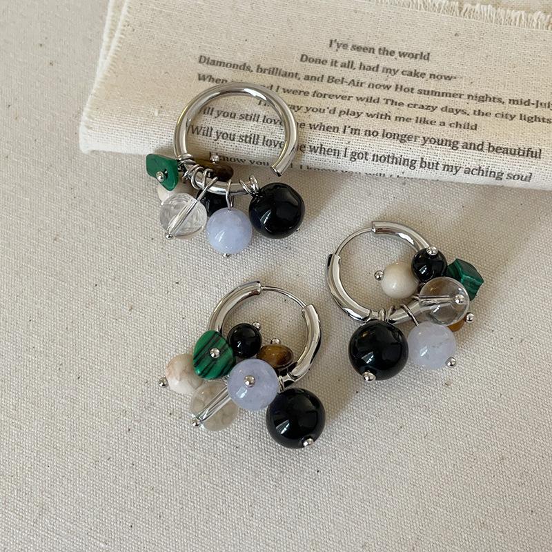 Retro Light Luxury Natural Stone Beaded Fringed Metal Ring Women'S Niche High-End Elegant Versatile Earrings