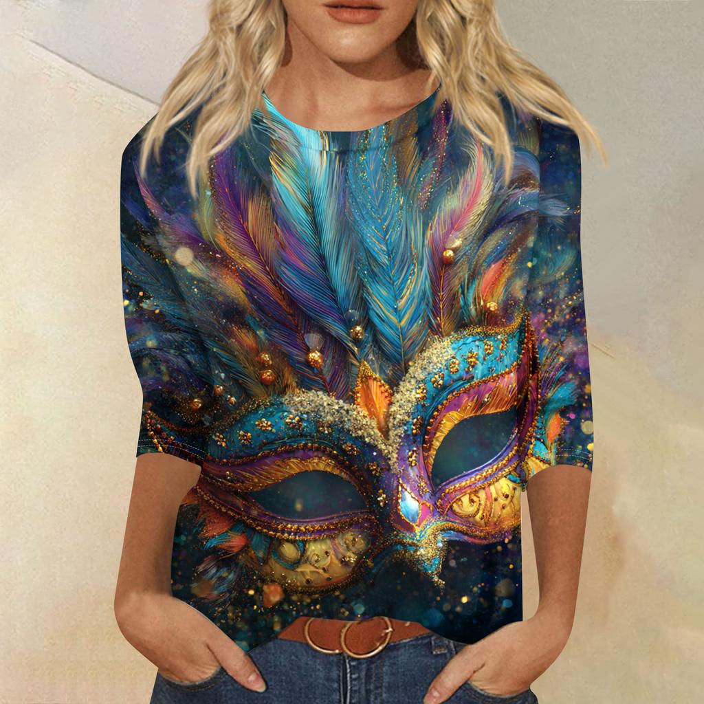 Dámské módní ležérní tričko s kulatým výstřihem a tříčtvrtečním rukávem s potiskem karnevalu