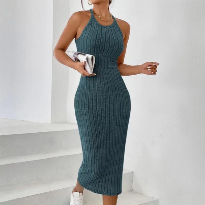 

Элегантное шикарное однотонное платье на бретельках с круглым вырезом для женщин, французский дизайн, вязаные тонкие платья без рукавов, женский эстетический дизайн, эластичная одежда с высокой талией, новинка XL морская волна