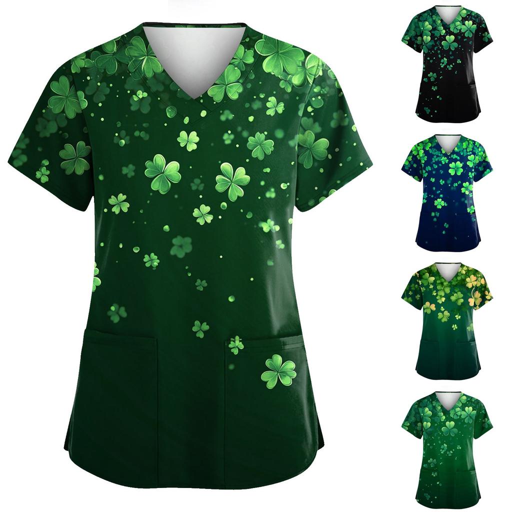 Women's Loose And Casual Printed Uniform Work Uniform V-Neck Pocket Protective Uniform
