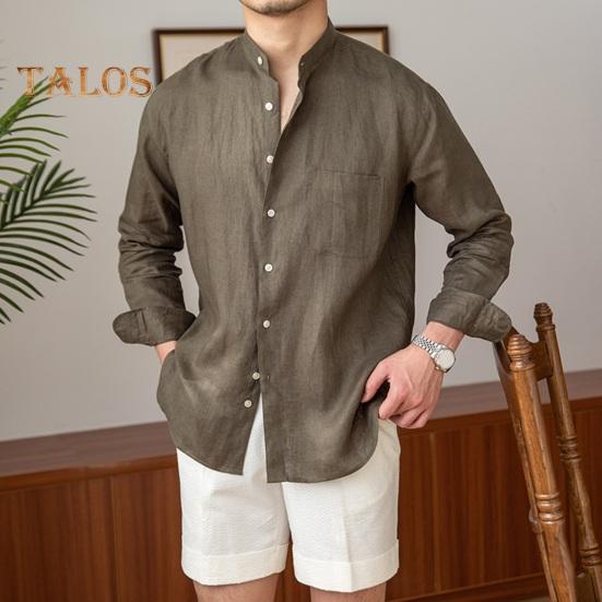 Spring Fall Men Shirt Stand Collar Single-breasted Long Sleeves Buttons Solid Color Cardigan Formal Business Style Office Top