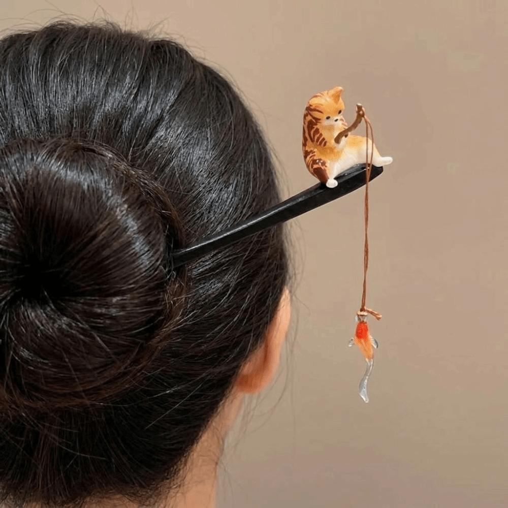 Chinese Style Cat Fishing Hair Stick Tassel Hanfu Hairpin Retro Wooden Hair Stick Girl