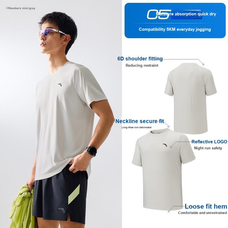 Anta Plain Round Neck Short Sleeve Sports T-Shirt Men Tops Digital-Mist-Gray 952627103-3