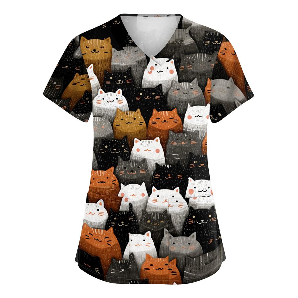 Women's V Neck Short Sleeve Work Top with Pockets Cartoon Print Medical Uniform Scrub Shirt for Healthcare Professionals